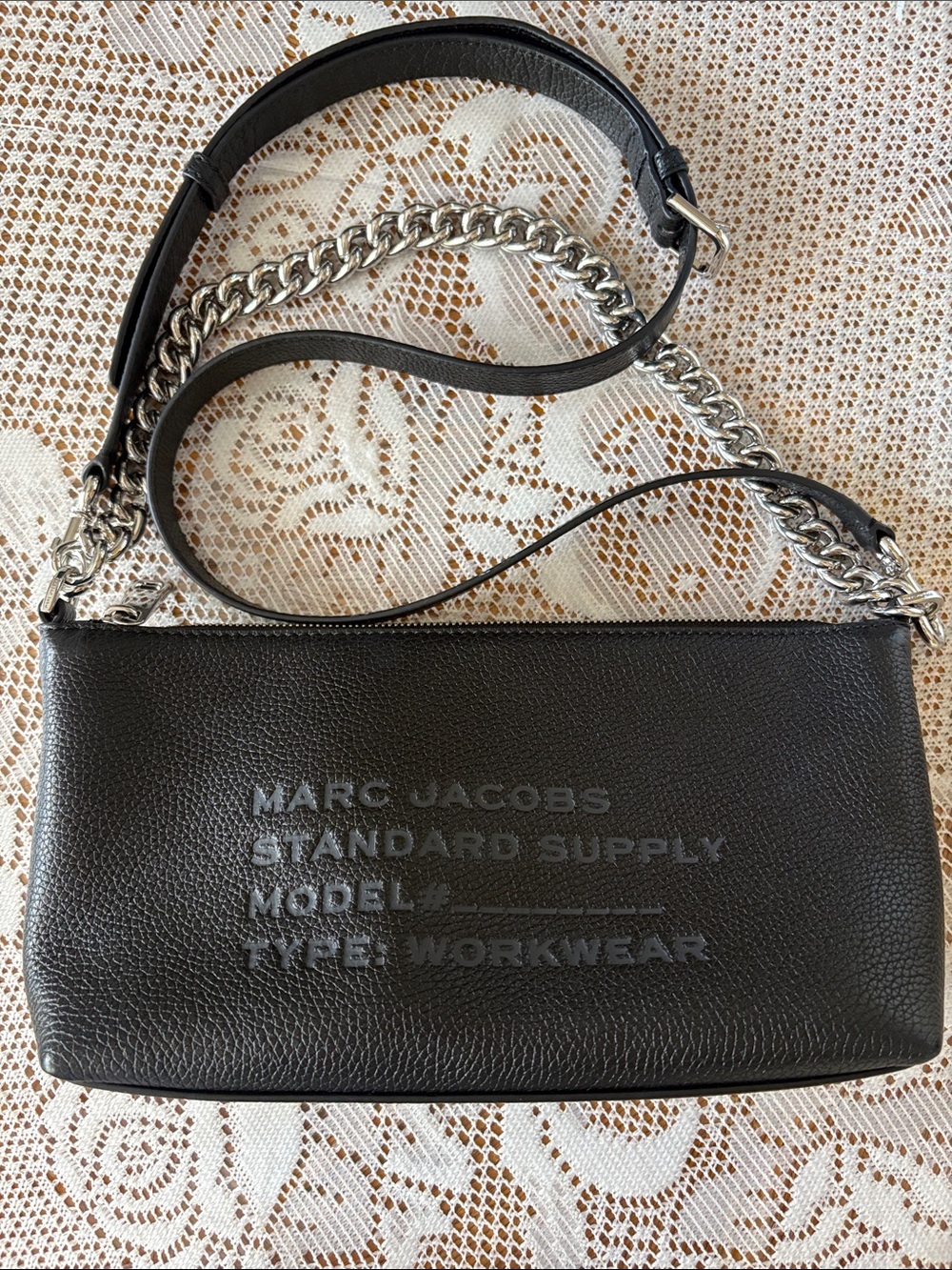 Marc Jacobs Black Pebbled Leather Crossbody Shoulder Bag Silver Chain